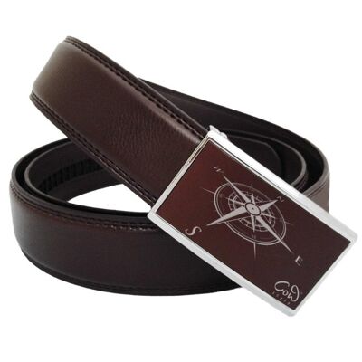 Men's brown leather belt with automatic buckle and engraved compass