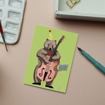 Postcard birthday bear with double bass