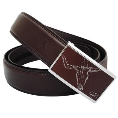 Men's brown leather belt with automatic buckle and engraved bull's head