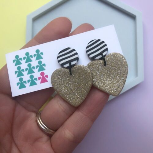 Gold glitter and stripy heart earrings