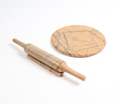 Abstract Marble & Wooden Rolling Pin With Board