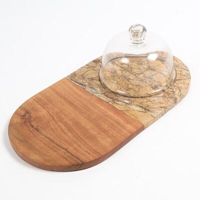 Marble & Wood Capsule-Shaped Cake Platter With Glass Dome
