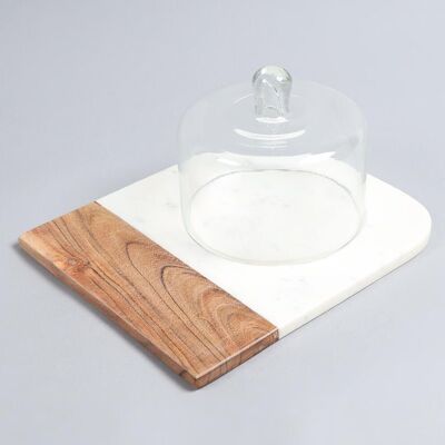 White Marble & Wood Colorblock Cake Platter With Glass Dome