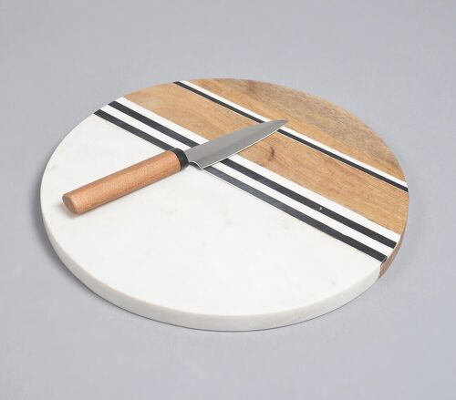 Hand Cut Marble & Mango Wood Round Chopping Board