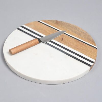 Hand Cut Marble & Mango Wood Round Chopping Board