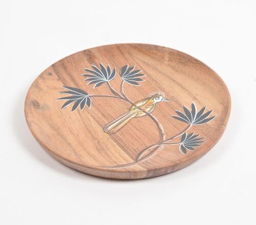 Enamelled Acacia Wood 'Bird on a Branch' Plate (Small)