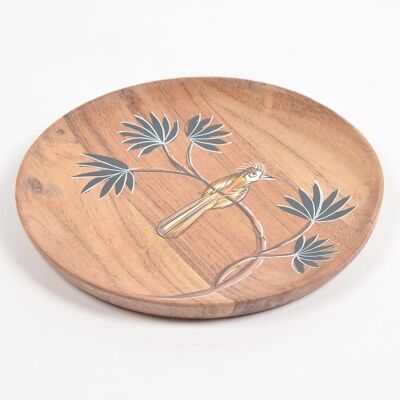 Enamelled Acacia Wood 'Bird on a Branch' Plate (Small)
