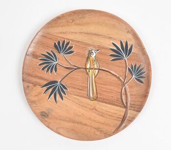 Assiette « Oiseau sur une branche » en bois d'acacia émaillé (petite) 2