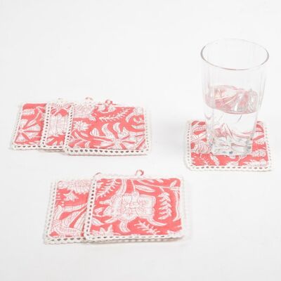 Block Printed Fiery Floral Cotton Coasters with Lace trims (set of 6)