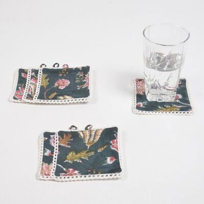 Block Printed Midnight Floral Cotton Coasters with Lace Trims (set of 6)