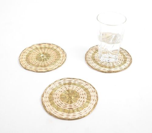 Handwoven Brass & Cane Concentric Costers (Set of 3)