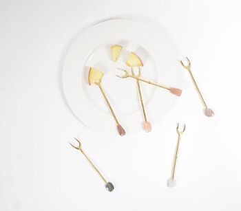 Fourchettes à apéritif en pierre de lune et en laiton coupées à la main (Ensemble de 6) 4