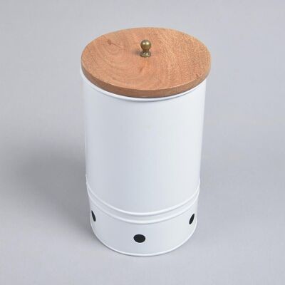 White Galvanized Iron Ribbed Cylindrical Box with Wooden Lid