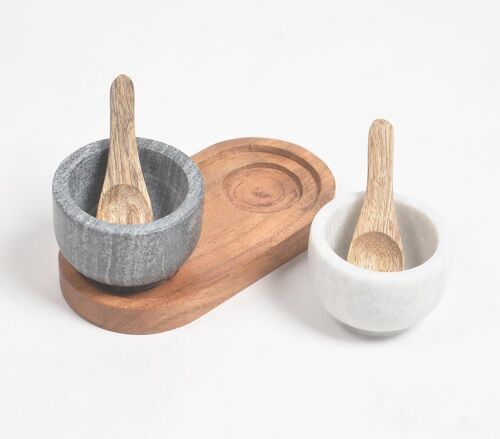 Turned Stone Twin Condiment Bowls with Wooden Tray