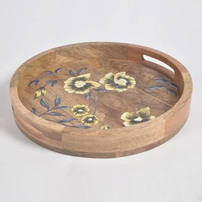 Floral Hand Printed Round Mango Wood Tray