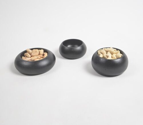 Matte Charcoal Touched Wooden Snack Bowls (Set of 3)