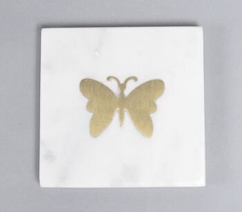 Dessous de verre en laiton et marbre incrustés de papillons (Ensemble de 4) 3