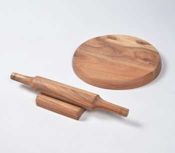 Rouleau à pâtisserie et planche à pâtisserie en bois d'acacia tourné avec support 1
