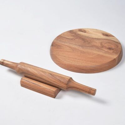 Wood Turned Acacia Wood Rolling Pin & Board With Stand