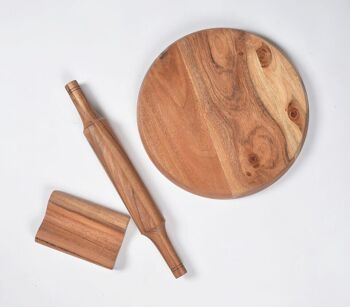 Rouleau à pâtisserie et planche à pâtisserie en bois d'acacia tourné avec support 2