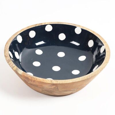 Enamelled Polka Dotted Black Wooden Bowl