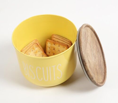 Matte-Yellow Typographic Metal Canister with Wooden Lid