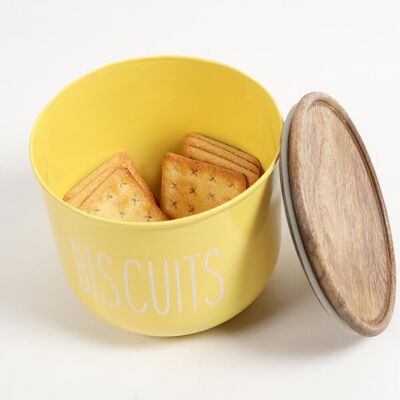 Matte-Yellow Typographic Metal Canister with Wooden Lid