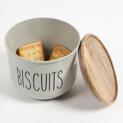 Matte-Grey Typographic Metal Canister with Wooden Lid