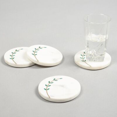 Hand Cut White Marble Leaf Branch Coasters (Set of 4)
