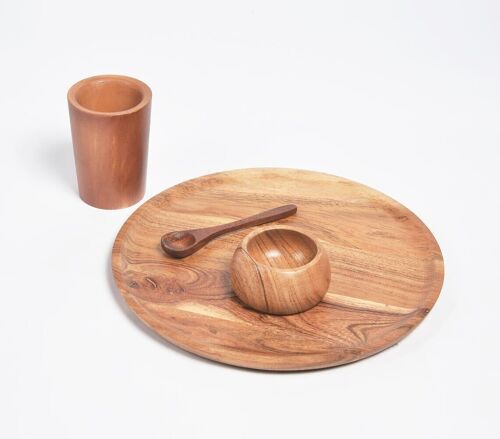 Hand Cut Acacia Wood Set of Plate, Spoon, Bowl & Glass
