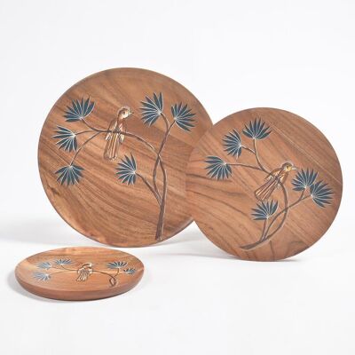 Hand Painted Acacia Wood Bird Trays (Set of 3)