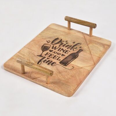 Engraved mango Wood Tray With Wooden Rod Handles