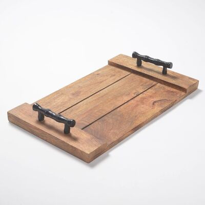 Vintage Wooden Serving Tray with Metal Handles