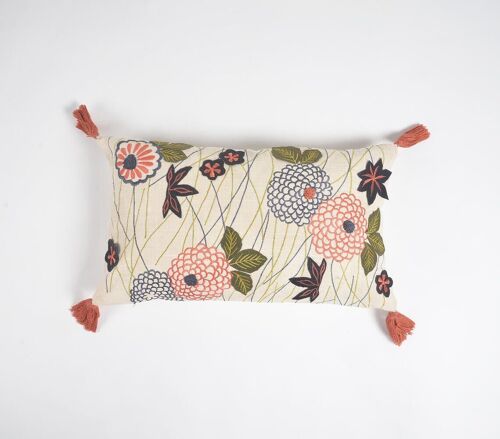 Botanical Embroidered Tasseled Lumbar Cushion Cover