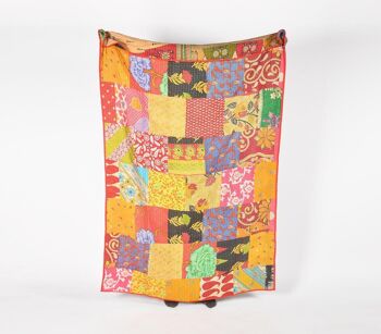 Jeté en coton brodé Patchwork & Kantha avec bordure vermillon 1