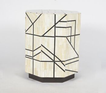 Tabouret octogonal abstrait en os recyclé et MDF 2