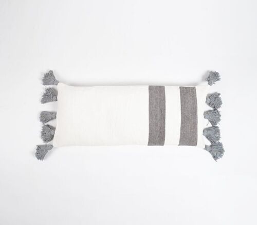 Handwoven & Tasseled Neutral Lumbar Chenille Cushion Cover