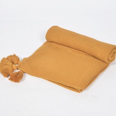 Plaid con nappe in cotone senape lavorato a maglia