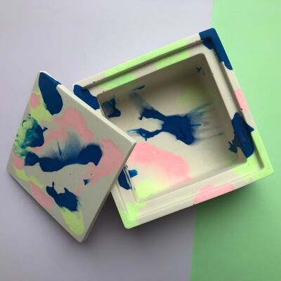 Neon marbled tie dye square jesmonite trinket box with lid