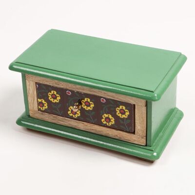 Handbemalte Mini-Schublade aus Mangoholz mit Blumenmuster