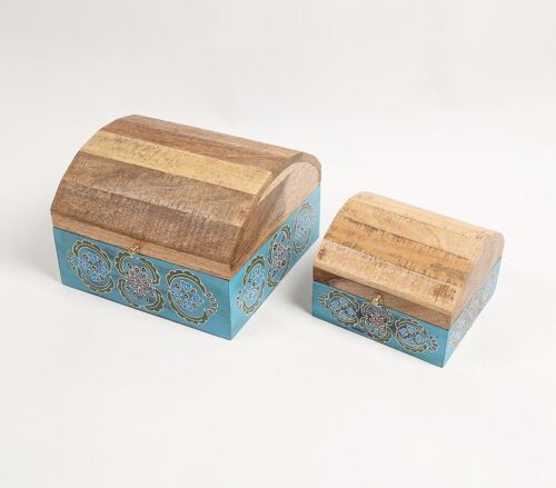 Hand Painted Mango Wood Tribal Floral Storage Boxes (Set of 2)