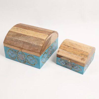 Hand Painted Mango Wood Tribal Floral Storage Boxes (Set of 2)