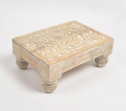 Hand Carved White-Distressed Wooden Floral Stool