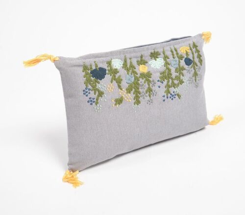 Floral Garden Slub Grey Lumbar Cushion Cover