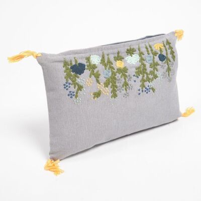Floral Garden Slub Grey Lumbar Cushion Cover
