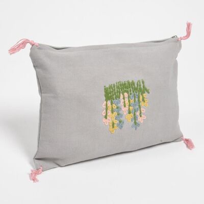 Floral Bush Embroidered Slub Lumbar Cushion Cover