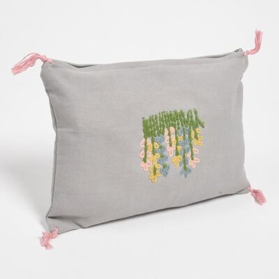 Floral Bush embroidered Slub Lumbar Cushion Cover