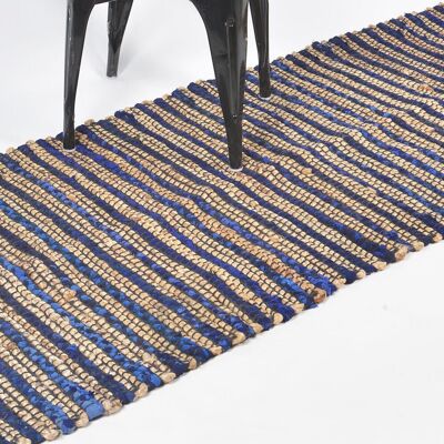 Handgewebter Jute-Teppich in Blau mit Streifen