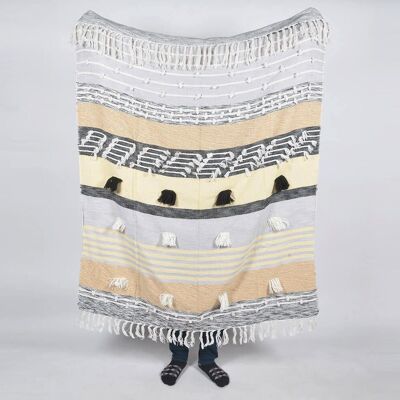 Statement Paneled Handloom Cotton & Wool Throw with Tassels