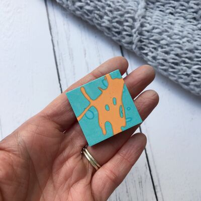 Orange & turquoise square jesmonite brooch